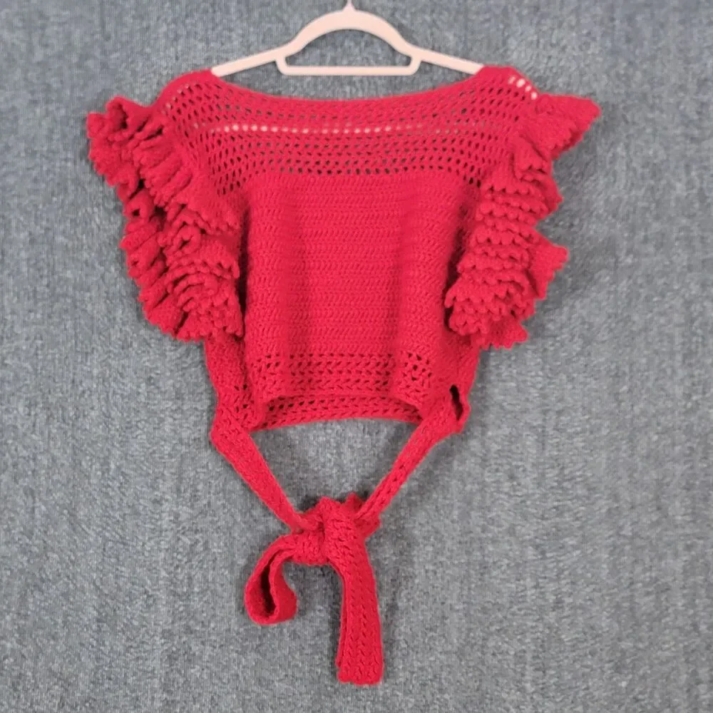 Handmade Crochet Knit Crop Top Womens S Red Short Ruffle Sleeve Wrap Tie Waist